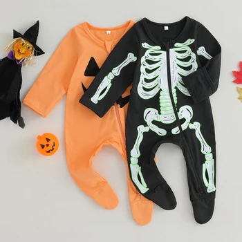 Комбинезоны для маленьких девочек и мальчиков, Одежда на Хэллоуин, с рисунком тыквы / скелета, Осенние боди с длинным рукавом для малышей, Костюм