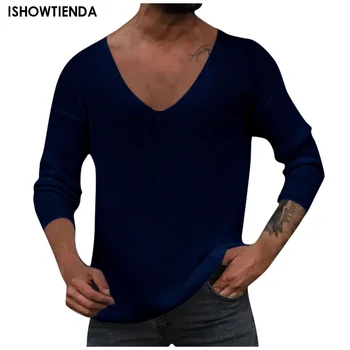 Модный мужской пуловер, однотонный вязаный свитер, мужская осенне-зимняя повседневная одежда с V-образным вырезом, трикотажные пуловеры в полоску больших размеров