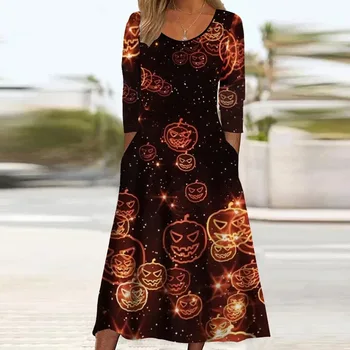 Осеннее праздничное платье длиной до колена, женское винтажное платье с цветочным принтом, короткий рукав, О-образный вырез, карман, повседневные платья с длинным рукавом, осенний халат в стиле бохо