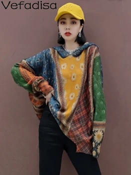 Vefadisa 2023, Осенний модный пуловер с капюшоном, свитер, Свободный свитер для отдыха с цветным блокирующим принтом, вязаный свитер, Женский топ LHX3898