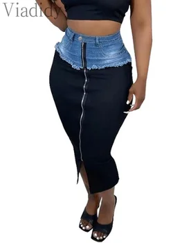 Женская повседневная джинсовая юбка макси с застежкой-молнией в стиле пэчворк спереди