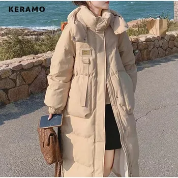 Зимняя женская повседневная одежда Harajuku 2023, Однотонная Верхняя одежда с длинными рукавами, капюшон, парки Макси X-Long, куртка, Однобортное Теплое пальто