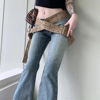 Уличная одежда с перекрестным поясом, повседневные выстиранные джинсы, женские Летние 2023, Новые Корейские Сексуальные Облегающие Универсальные джинсовые широкие брюки