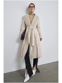 2023 Новое зимнее женское кашемировое пальто с длинным наполнителем из белого гусиного пуха, Роскошная теплая толстая модная двусторонняя куртка, Свободная верхняя одежда