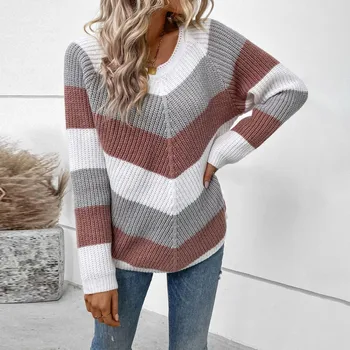 Модный женский свитер, сексуальный топ с открытыми плечами, повседневная кофта с круглым вырезом в цветную полоску, пуловер, свитер