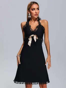 Черное кружевное бандажное платье с бантом, Женское Летнее платье 2023, V-образный вырез, крест-накрест, вечерние Клубные платья типа A, Сексуальные Элегантные платья BA301