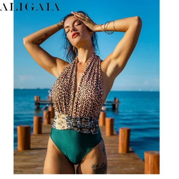 Женский сексуальный леопардовый цельный костюм Aligaia, купальник с глубоким V-образным вырезом, пляжная одежда с вырезами, купальный костюм в клетку, 2023