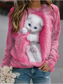 Толстовки с 3D цифровой печатью, милый кот, модная женская толстовка, новинка 2023, осенне-зимний свободный пуловер, одежда