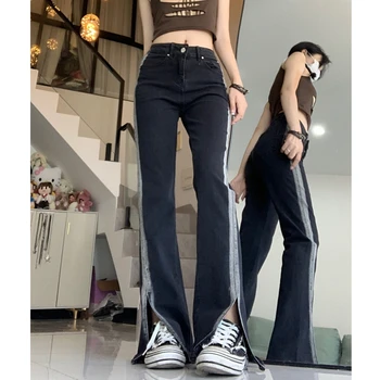 Винтажные женские черные джинсы Y2K контрастных цветов, американская уличная одежда, широкие брюки, модные прямые летние женские брюки 2023 года.