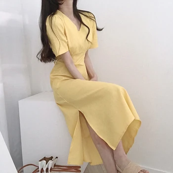 Новое корейское модное летнее платье, женское платье с коротким рукавом и V-образным вырезом, тонкие длинные платья Миди с разрезом, Элегантные платья, женская одежда, халат