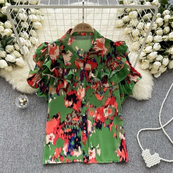 Шикарная блузка-топ для женщин с отложным воротником и принтом на пуговицах, летние майки, Корейская мода, кружевные рубашки с цветочным рисунком, складки, прямая поставка