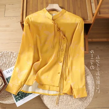 Улучшенная женская рубашка из жаккарда Hanfu с имитацией атласа в китайском стиле, Элегантная свободная желтая блузка для вечеринки на шнуровке с длинным рукавом