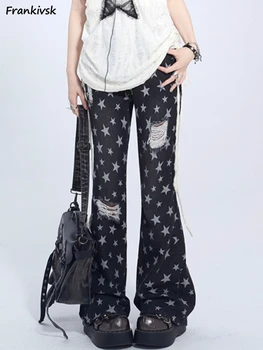 Расклешенные джинсы Женские с потертостями и дырками, Тонкие брюки с геометрическим рисунком Y2k, корейский стиль, ретро, универсальная одежда для отдыха, Винтажная уличная одежда, готика
