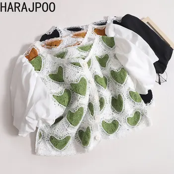 Harajpoo, французский ретро-крючок, цветочные топы с V-образным вырезом и любовью, 2023 Летние женские Простые универсальные свободные футболки с коротким рукавом