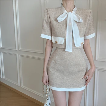 2023 Новый Корейский Элегантный модный OL Комплект из двух предметов для женщин, укороченный топ с бантом + юбка, комплекты из 2 предметов, летние Женские наряды