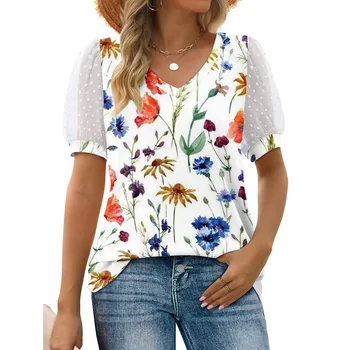 Элегантная сетчатая блузка-рубашка с короткими рукавами, Женский летний пуловер с V-образным вырезом и цветочным принтом, винтажные уличные модные футболки оверсайз, топы