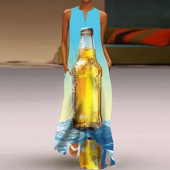 Женское весенне-летнее синее длинное платье без рукавов с V-образным вырезом и принтом в виде бутылки, пляжные платья, элегантное повседневное платье Макси в стиле бохо для вечеринок