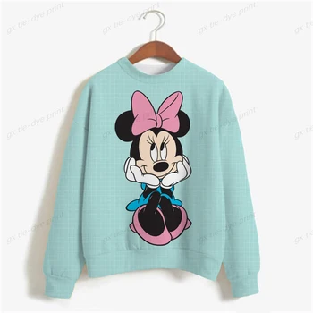 Корейская новая женская базовая толстовка с круглым вырезом, весенняя толстовка с принтом Disney Minnie Mouse 2024, повседневный пуловер Harajuku для девочек