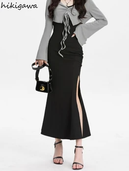 Модные комплекты из двух предметов, Женская одежда, укороченные топы с расклешенными рукавами и завязками, Туника, Облегающее платье Макси с разрезом, Корейский костюм Y2k