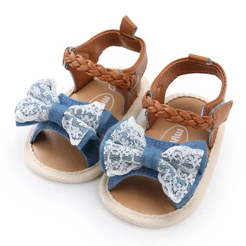 Летний шик: хлопковые парусиновые сандалии с бантиком в горошек для маленьких девочек! Нескользящие пляжные сандалии для новорожденных девочек