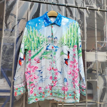 Реальные фотографии гавайская рубашка Casablanca с цветочным садом, кардиган с длинным рукавом с двойным принтом лебедя, стоковая рубашка Casa для мужчин и женщин