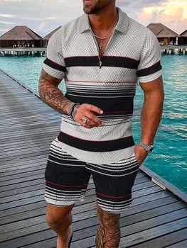 Летняя мужская рубашка Поло с короткими рукавами, пляжные шорты, спортивный комплект из 2 предметов с 3D принтом и воротником-молнией, высококачественная повседневная модная рубашка Поло