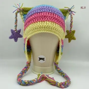 Высокоэластичная ветрозащитная шапка с кошачьими ушками, вязаная шапка в полоску для женщин и мужчин, согревающая уши, шапка с висячими помпонами, декор