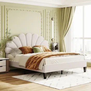 Кровать на платформе с мягкой обивкой Queen Size с бархатным изголовьем с цветочным рисунком для мебели для спальни, бежевый