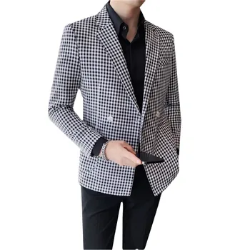 2023 Новый мужской деловой Повседневный клетчатый пиджак, черно-белое мужское платье для светской вечеринки, приталенный блейзер с двойным разрезом, пальто
