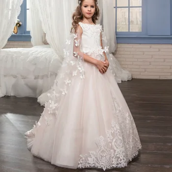 Детское свадебное платье с кружевами и цветами ручной работы, съемная шаль, платье-пончо принцессы на день рождения, представление