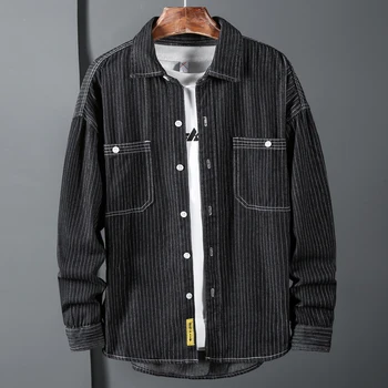 Черная джинсовая рубашка Мужская Осенняя новинка, модное повседневное пальто в полоску с длинным рукавом и лацканами, уличная джинсовая рубашка с карманами, плюс размер 5XL