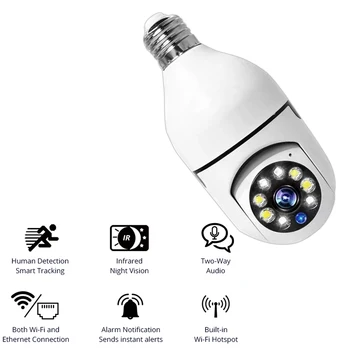 Камера с лампочкой E27 с разрешением 1080P, Видеонаблюдение с поддержкой Wi-Fi, автоматическое отслеживание, полноцветный монитор безопасности ночного видения CCTV PTZ в помещении