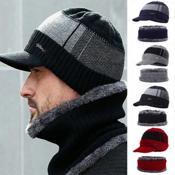 Новая модная мужская зимняя теплая кашемировая шапка и шарф в сочетании, 2 шт., теплая ветрозащитная вязаная шапка с шарфом, комплект одного размера