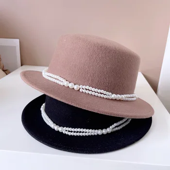 Высококачественный цилиндр с жемчужной цепочкой, женская осенне-зимняя плоская шляпа, австралийская шерстяная фетровая шляпа, модная шляпа в стиле ретро