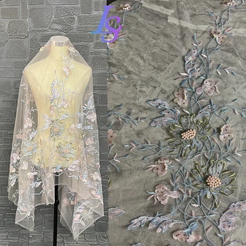 Тяжелая ручная вышивка, цветы, бусины, Мягкая сетка, объемное жаккардовое платье, Дизайнерская ткань для одежды Cheongsam Han