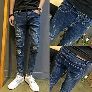 Модные джинсовые брюки оптом для мужчин и мальчиков, маленькие ножки, рваные джинсы с дырками, тонкие мужские брюки-карандаш для социальных мужчин, нищих