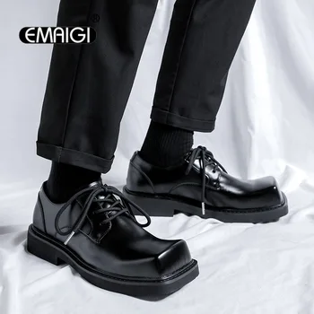 Мужская кожаная обувь с квадратным носком, Корейская уличная мода, Винтажная Деловая Повседневная Официальная Кожаная обувь, Мужские Свадебные модельные туфли
