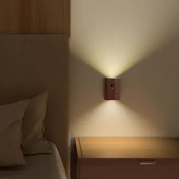 Светодиодные индукционные ночники с датчиком движения, деревянная беспроводная USB-перезаряжаемая настенная лампа для спальни, освещения кухни, коридора, лестницы