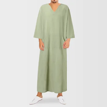 Мужская мусульманская модная одежда Халат Абайя для мужчин, боди в этническом стиле, свободный V-образный вырез, короткие рукава, мужские халаты