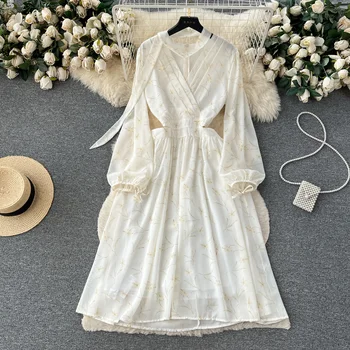 Французское элегантное платье с цветочным принтом, женское платье 2023, весна-лето, V-образный вырез, длинный рукав, вырез на талии, Трапециевидное повседневное женское платье миди