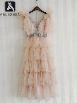 Дизайнерское модное женское летнее платье AELESEEN с V-образным вырезом, Марлевое бисероплетение, 3D аппликации, Цветочная вышивка, Каскадные оборки, вечеринка