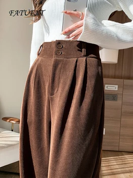 Повседневные вельветовые брюки с высокой талией для женщин, осенне-зимние широкие прямые брюки для костюма, женские флисовые теплые модные брюки 2023 г.