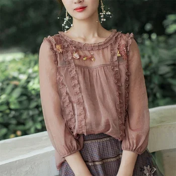Женские шифоновые блузки в весенне-летнем стиле, рубашки с аппликацией, декор, круглый вырез, оборки, однотонные повседневные топы в корейском стиле