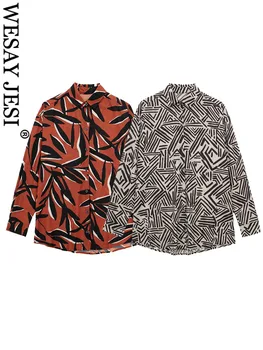 Летние тонкие рубашки WESAY JESI TRAF Женские однобортные винтажные блузки с отложным воротником и длинным рукавом с принтом 2023 года