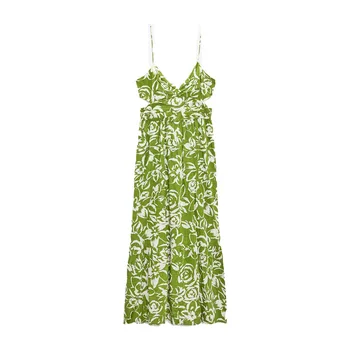 Zach AiIsa/ летнее новое женское универсальное платье-слинг с V-образным вырезом, открывающийся дизайн, ретро принт, высокая талия, праздничное ветровое платье миди