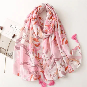 Мягкий хлопковый шарф Женский Розовый с цветочным принтом, большая шаль, модная одежда, пляжные обертывания с кисточками, Хиджаб