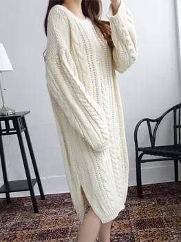 Осеннее женское трикотажное платье 2023 года, однотонное плотное теплое Свободное платье-свитер с круглым вырезом, Женская элегантная Корейская модная Женская одежда