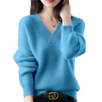 Осенне-зимний новый однотонный трикотаж с V-образным вырезом для женщин, Модный повседневный свободный пуловер, вязаный нижний свитер для женщин