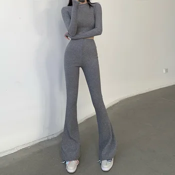 Модная сексуальная обтягивающая укороченная футболка с длинным рукавом, свитер + брюки-клеш с высокой талией, женские корейские повседневные брюки, вязаный комплект из 2 предметов