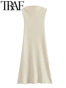TRAF Элегантное вязаное Женское длинное платье миди с открытой спиной, без рукавов, без бретелек, женские вечерние платья, халат 2023 лето Y2K